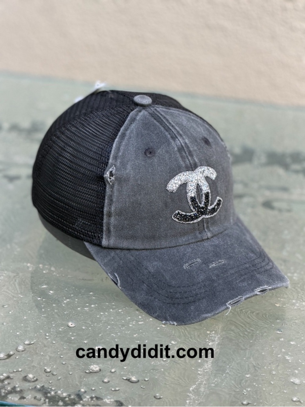 NWT Handmade Designer Look Ball Cap With Silver & Black Ombré Crystal Logo - Picture 6 of 11